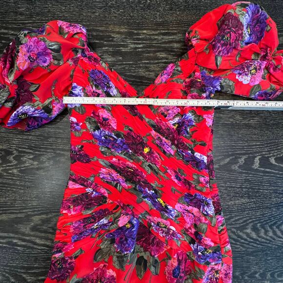 Liancarlo Ruched Cocktail Dress Womens 10 Red Floral Silk Puff Sleeve Elegant - Picture 13 of 16